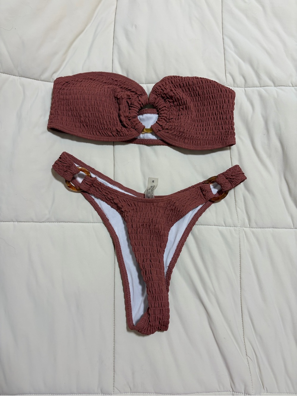 SHEIN Rust Smocked Bandeau Bikini with Ring Accents